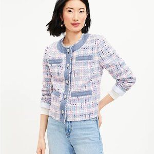 Loft Cropped Tweed Jacket lady blazer purple blue lavender XL